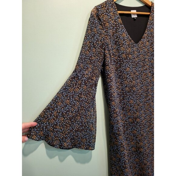 Cabi Blue Petite Floral Chiffon Sheer Bell Sleeve V Neck Dress Sz M Whimsigoth - Picture 2 of 5